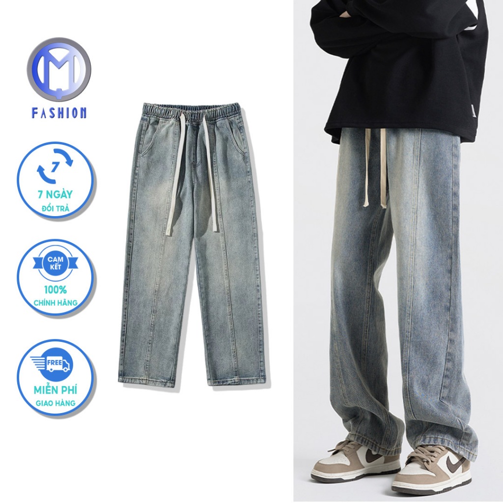 Quần jean nam ống suông rộng baggy cạp chun M Fashion phối sọc cá tính, phong cách hàn quốc