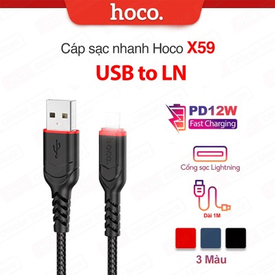 Cáp sạc PD12W HOCO X59 USB to IP dùng cho ip7/8/X/11/12 dài 1M /2M dây bọc dù chống rối sạc nhanh