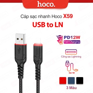 Cáp sạc PD12W HOCO X59 USB to LN dùng cho ip7/8/X/11/12 dài 1M /2M dây bọc dù chống rối sạc nhanh