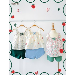 Bộ muslin 2 dây dún vai bé gái ecobambi - bb-24bobg011