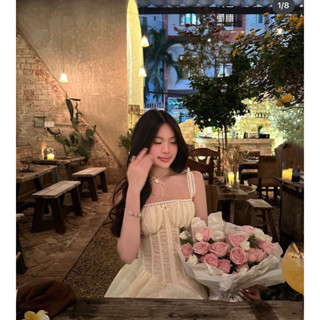 ( Hàng L1 Chuẩn Ảnh ) Đầm Váy 2 Dây Ren Lỗ Chất Tơ Xoè Bồng Dáng Corset Tiểu Thư Dự Tiệc Màu Kem