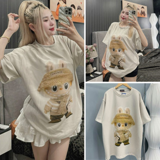 Áo phông nam nữ form rộng, áo thun in họa tiết Labubu quàng khăn dễ thương chất liệu cotton co giãn