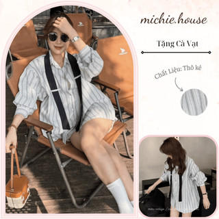 Áo sơ mi kẻ nữ dài tay kèm khăn cavat chất liệu thô kẻ mềm mát dáng rộng oversize - áo sơ mi nữ - michie.house - a381