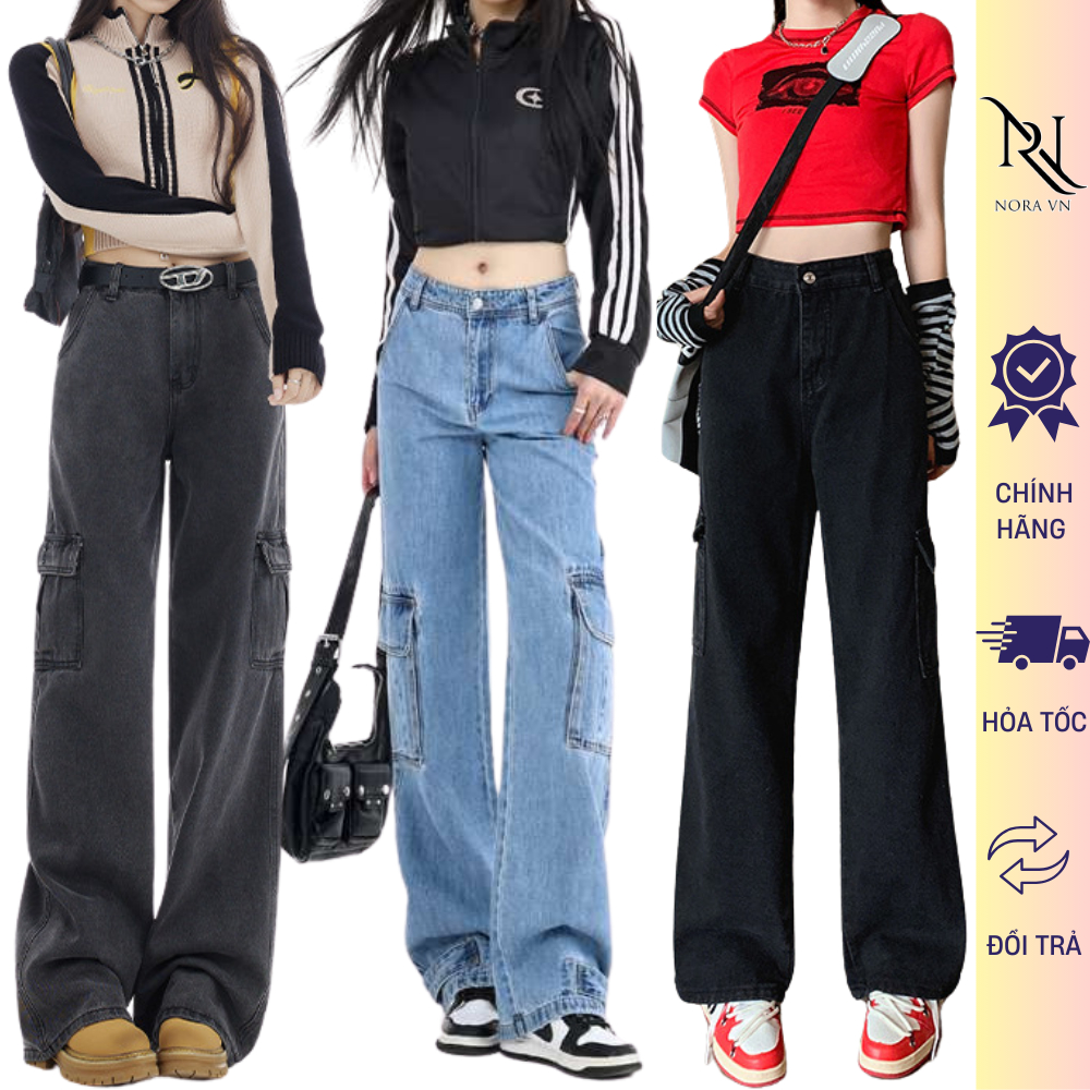 Quần Jean nữ 2 túi hộp ống rộng lưng cao Avocado quần bò nữ ống rộng năng động và trẻ trung