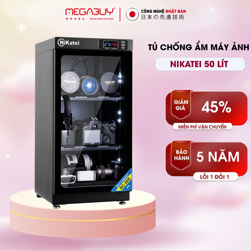 Tủ chống ẩm máy ảnh 50L nhập khẩu NIKATEI NC-50S ,Tủ hút ẩm máy ảnh 50 lít 3 ngăn Lens, ống kính chố