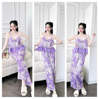 Bộ đồ bộ mặc nhà áo hai tầng nút ngọc trai + quần dài có túi lụa latin 40-65kg vừa.