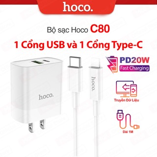 Bộ sạc nhanh PD20W Type-C dùng cho ip11/12/13/14 Hoco C80 gồm 2 cổng sạc USB và Type-C, dài 1m, chân dẹt