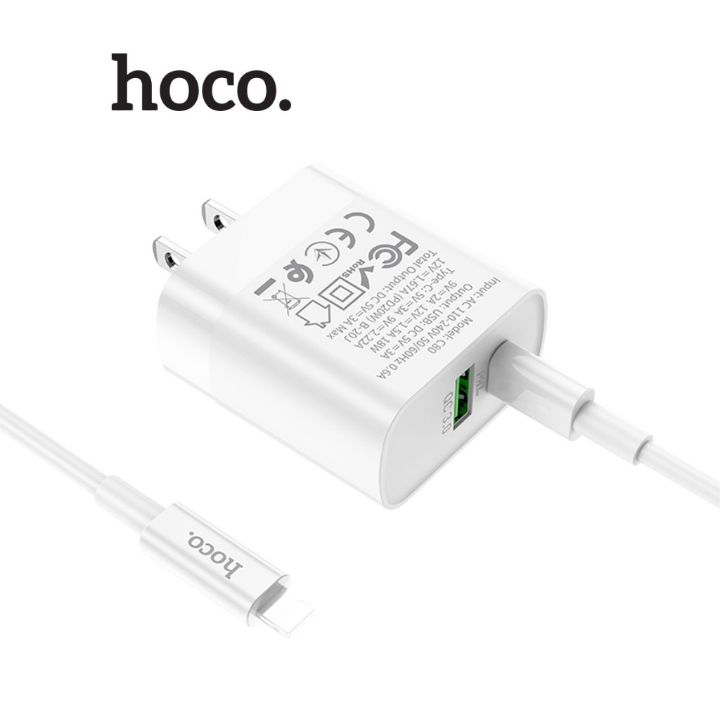 Bộ sạc nhanh Typec to IP PD20W 3.0A dùng cho 11/12/13/14 Hoco C80/C80A Plus 2 cổng ( USB + Type-C ) dài 1m | BigBuy360 - bigbuy360.vn
