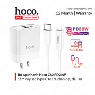 Bộ sạc nhanh PD20W Hoco C80 ( kèm cáp Type-C dùng cho 11/12/13/14 , gồm 2 cổng ( 1 USB + Type-C ) dài 1m, chân dẹt