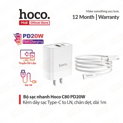 Bộ sạc nhanh Typec to IP PD20W 3.0A Hoco C80/C80A plus 2 cổng ( USB + Type-C ) dùng cho 11/12/13/14 dài 1m
