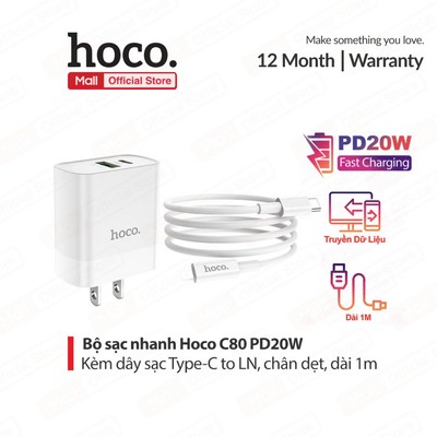 Bộ sạc nhanh Typec to IP PD20W 3.0A Hoco C80/C80A 2 cổng ( USB + Type-C ) dành cho 11/12/13/14) dài 1m