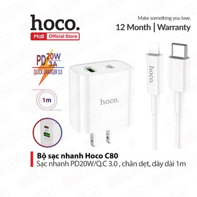 Bộ sạc nhanh Typec to IP PD20W 3.0A Hoco C80 QC3.0 dùng cho 11/12/13/14, kèm dây cáp Type-C to LN dài 1m