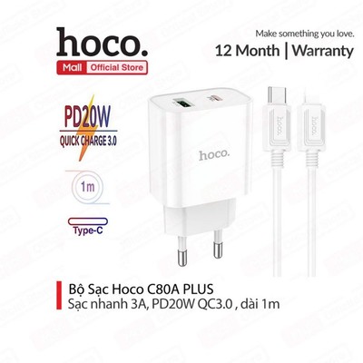 Bộ sạc nhanh Typec to IP PD20W 3.0A Hoco C80A PLUS 2 cổng 1U+1C dùng cho ip7/8/X/11/12(CHÂN TRÒN)