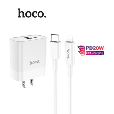 Bộ sạc nhanh Typec to IP PD20W 3.0A Hoco C80 Plus kèm dùng cho 11/12/13/14 dài 1m, chân dẹt