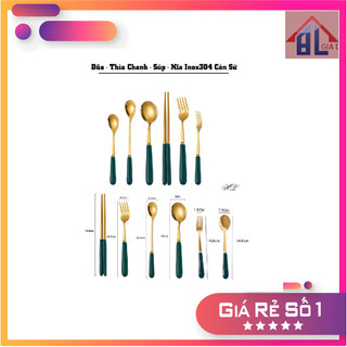 Combo 5 Thìa - Dĩa inox mạ vàng cán sứ xanh cổ vịt
