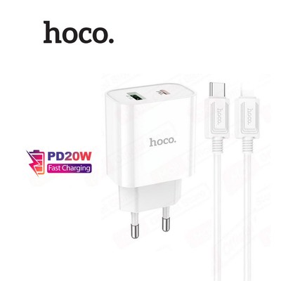 Bộ sạc nhanh Typec to IP PD20W 3.0A Hoco C80A PLUS 2 cổng (USB + Type-C ) dùng cho ip11/12/13/14,chân tròn dài 1m
