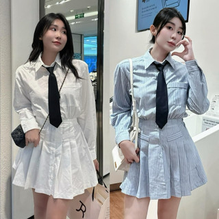 Váy liền dài tay cổ sơ mi kèm cavat