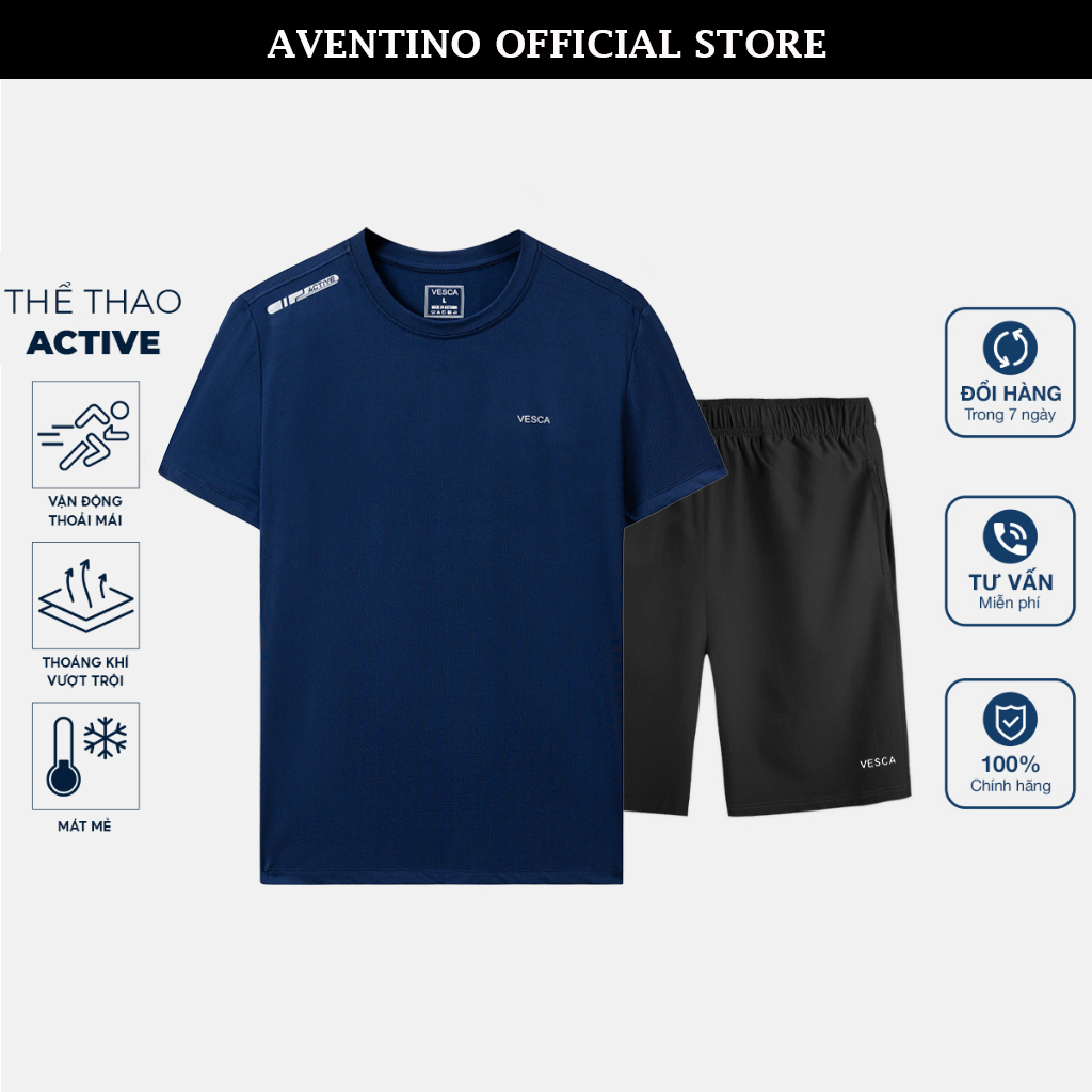 Bộ Đồ Nam Aventino Cổ Tròn Tay Ngắn, Bộ Thể Thao Nam Chất Liệu Poly Coolmax Thấm Hút Mồ Hôi J32