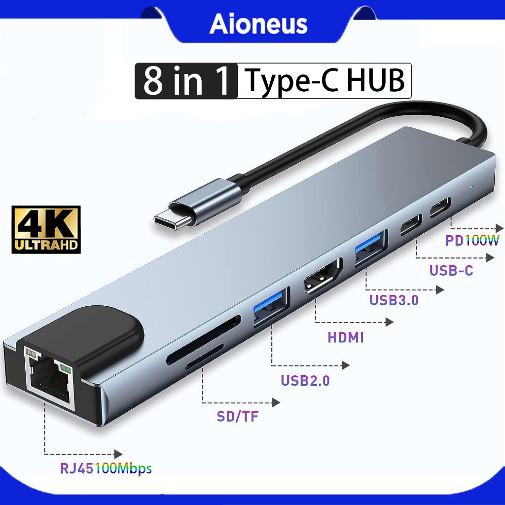 HUB Type C Aioneus Cáp Chuyển Hub 8 port to HDMI,USB 3.0,SD,TF,RJ45,PD Type-C cho Laptop