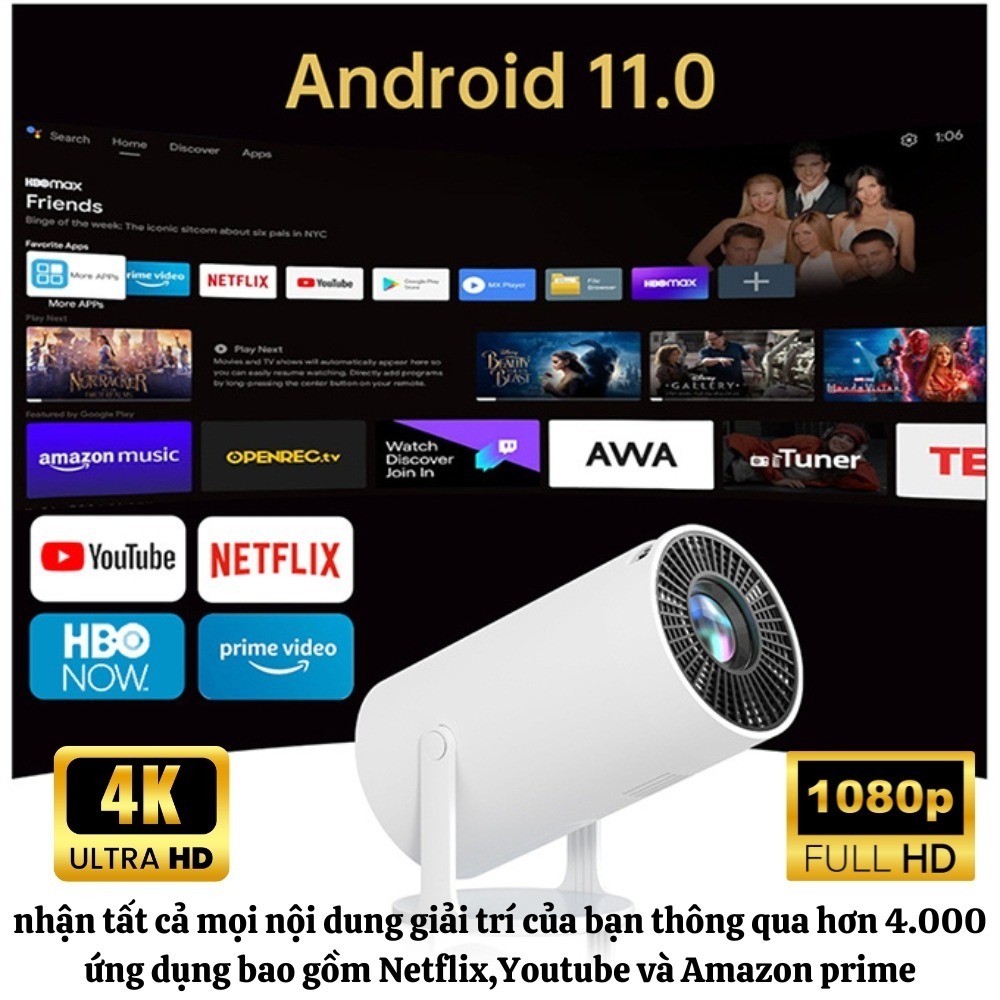 HY300 Máy chiếu mini phòng ngủ chiếu 3D bluetooth LCD Full HD android 11.0 độ sáng 8000 lumens