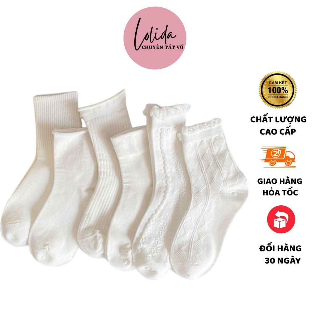 Tất Nữ Cổ cao LOLIDA Dệt Kim Trắng Tinh Phong Cách Vintage Hàn Quốc Mã T16