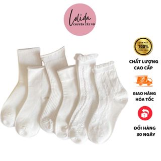 Tất Nữ Cổ cao LOLIDA Dệt Kim Trắng Tinh Phong Cách Vintage Hàn Quốc Mã T16