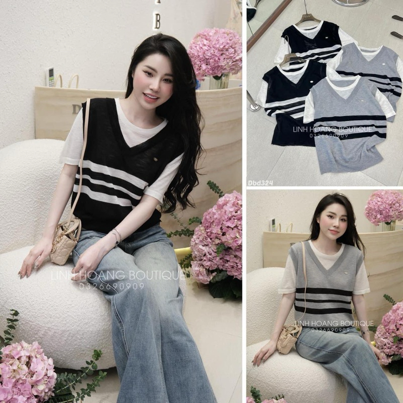 ÁO THUN PHỐI ÁO GILE LEN VIỀN SỌC 2M