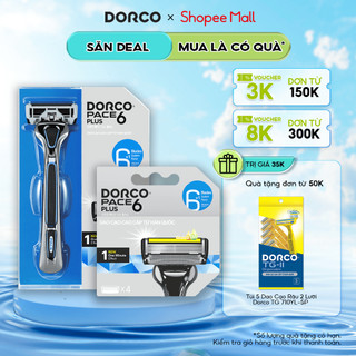 Combo Bộ Dao Cạo Râu 6 Lưỡi và Vỉ 04 Đầu Cạo Râu 6 Lưỡi Dorco Pace 6 Plus (Có Đầu Tỉa Tóc Mai)
