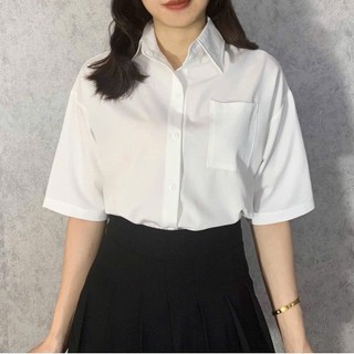 Áo sơ mi trắng nam nữ tay lỡ form rộng cổ bẻ có túi mặc đi học, đi làm