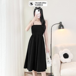 Đầm hai dây nữ Twentyfive midi xếp ly ngực dáng xòe vải thô cotton 5750