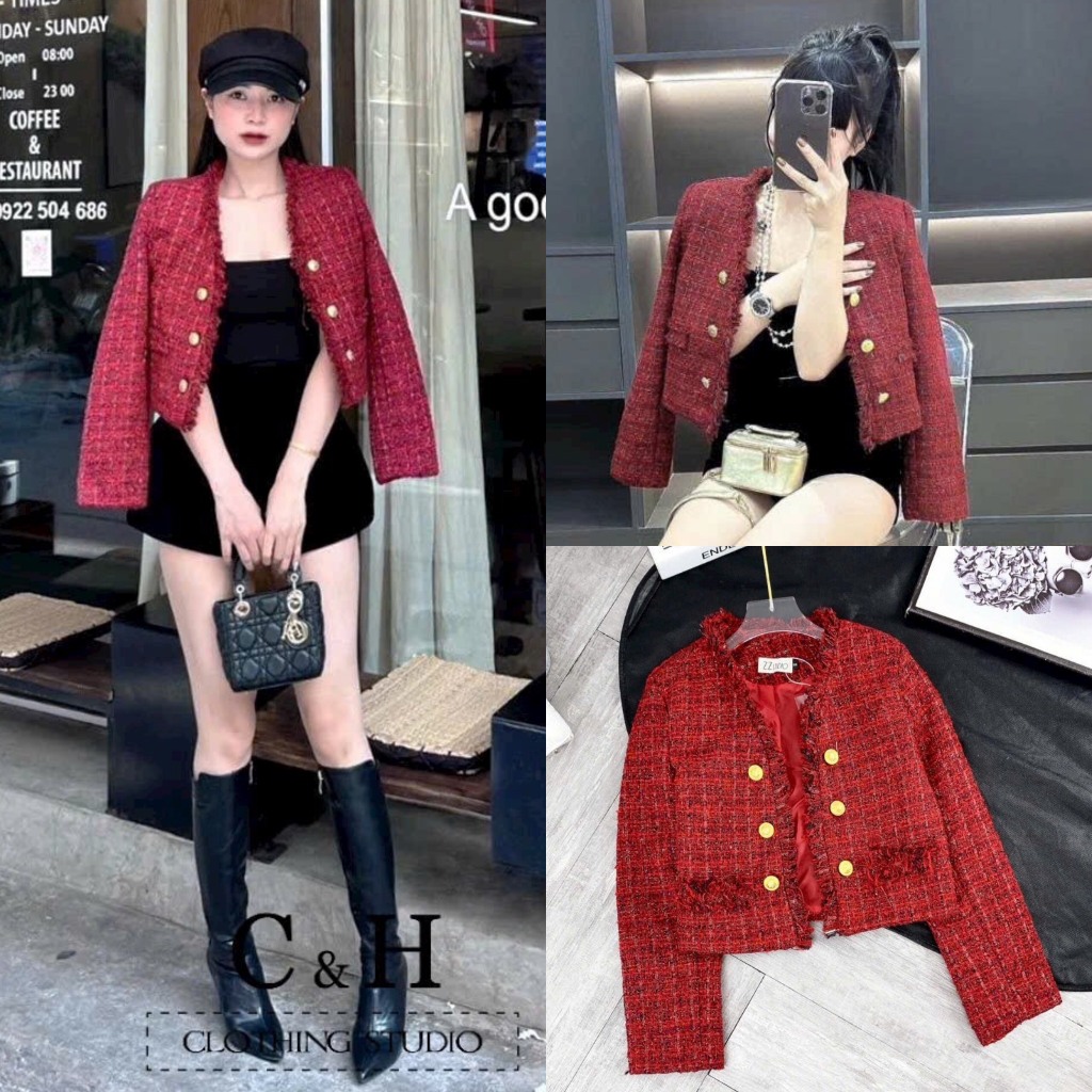 Áo Dạ Tweed Đỏ Viền Tua Rua Pha Kim Tuyến Dáng Lủng Cúc Đồng 2 Lớp Lót Lụa Cẩn Thận (Ảnh Thật Trải S