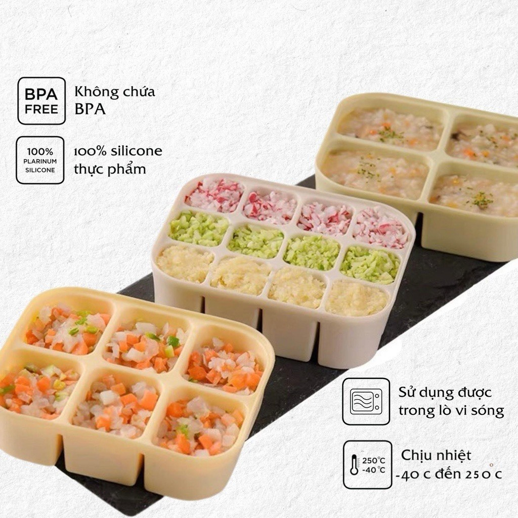 Khay trữ đông đồ ăn dặm silicon Cube 6 ô và 12 Ô kèm nắp đậy chống đổ cho bé -40~250 độ C
