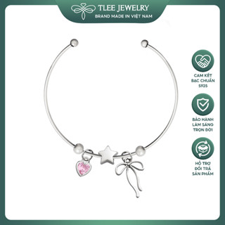 Lắc tay bạc nữ TLEE kiềng nhỏ treo Charm nơ thắt ,ngôi sao và tim hồng dễ thương TLEE JEWELRY LT0370