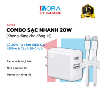 Bộ sạc nhanh 1HORA  với Củ 20W - 2 cổng 1USB-A & 1USB-C và Cáp USB-CtoL dài 1m - GAR163