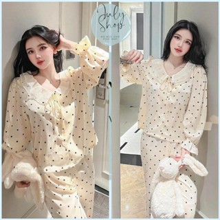 Đồ Ngủ Nữ JULY, Đồ Bộ Mặc Nhà Họa Tiết Chấm Bi Cổ Ren 2 Lớp Siêu Xinh Freesize