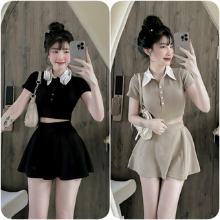Sét váy tăm hàn gồm áo thun croptop cổ đức + chân váy dáng xoè có quần trong