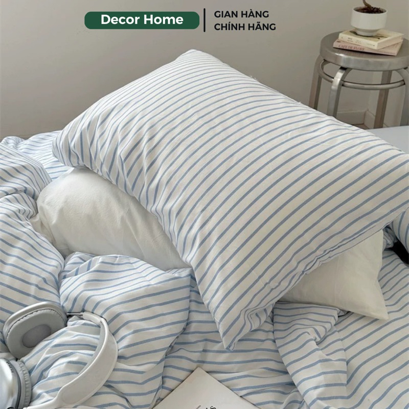 Bộ ga gối và vỏ chăn Cotton Tici Kẻ Sọc phong cách Hàn Quốc Milimalims cực xinh, bộ ga gối Cotton Kẻ Basic Decor Home