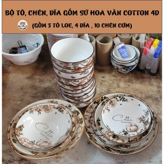 Bộ tô, chén, đĩa gốm sứ hoa văn cotton 4d