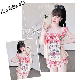 Đồ ngủ lụa quần đùi hoạ tiết freesize <57kg tuỳ chiều cao