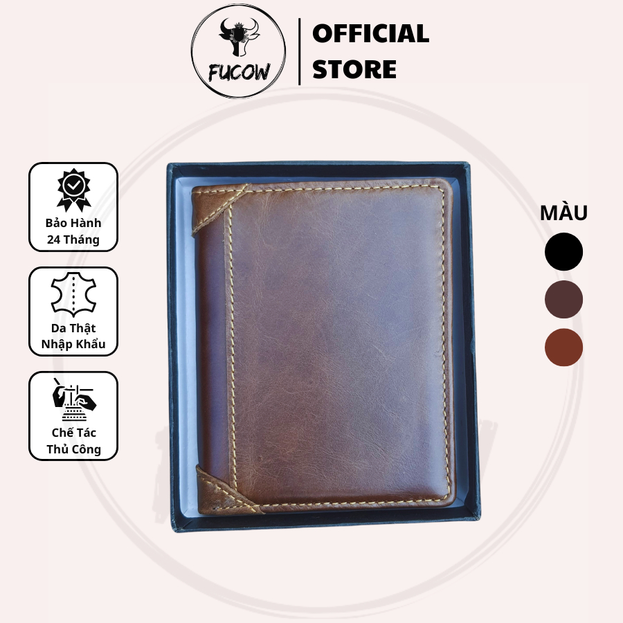 Ví nam da bò sáp nhập khẩu mẫu trơn mới dáng đứng VD013 FUCOW Leather