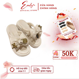 Dép Lê Nữ Đế Bằng EMILY Dép Quai Ngang Đế Bánh Mì 5p Tông Dáng Phối Nơ Xinh Xắn Da Mềm Đế Êm-ED3M