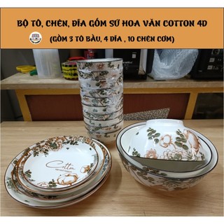 Bộ tô, chén, đĩa gốm sứ hoa văn cotton 4d
