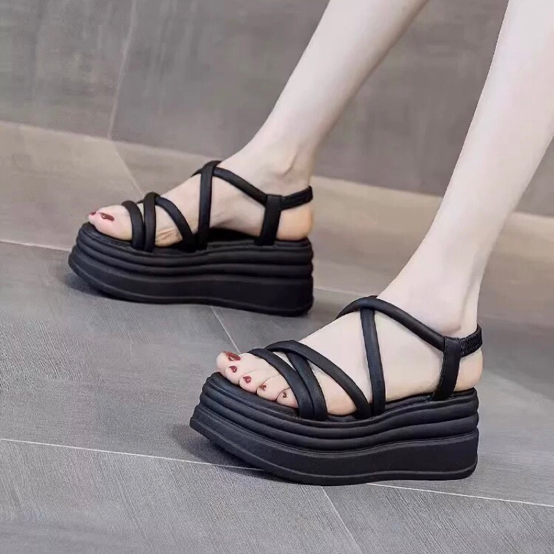Dép sandal nữ độn đế 4cm 2 QUAI CARO cao cấp