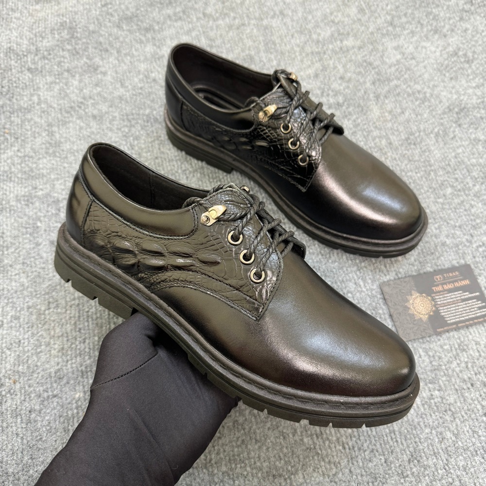 Giày Đốc Nam Cổ Thấp Da Bò Nguyên Tấm In Cá Sấu Màu Đen Đế Cao Su Khâu Chắc Chắn Tăng 3cm Sang Trọng LichLãm