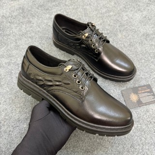 Giày Đốc Nam Cổ Thấp Da Bò Nguyên Tấm In Cá Sấu Màu Đen Đế Cao Su Khâu Chắc Chắn Tăng 3cm Sang Trọng LichLãm