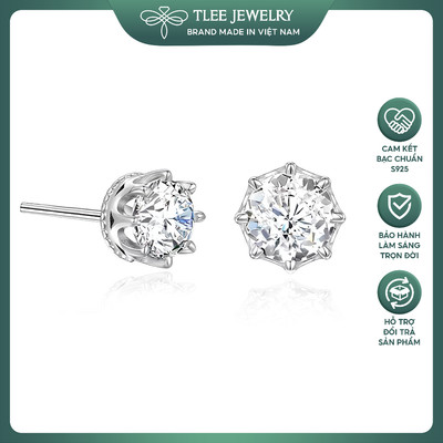 Khuyên tai bạc nữ TLEE đá chủ 6mm lấp lánh đế bao hình vương miện TLEE JEWELRY B0515