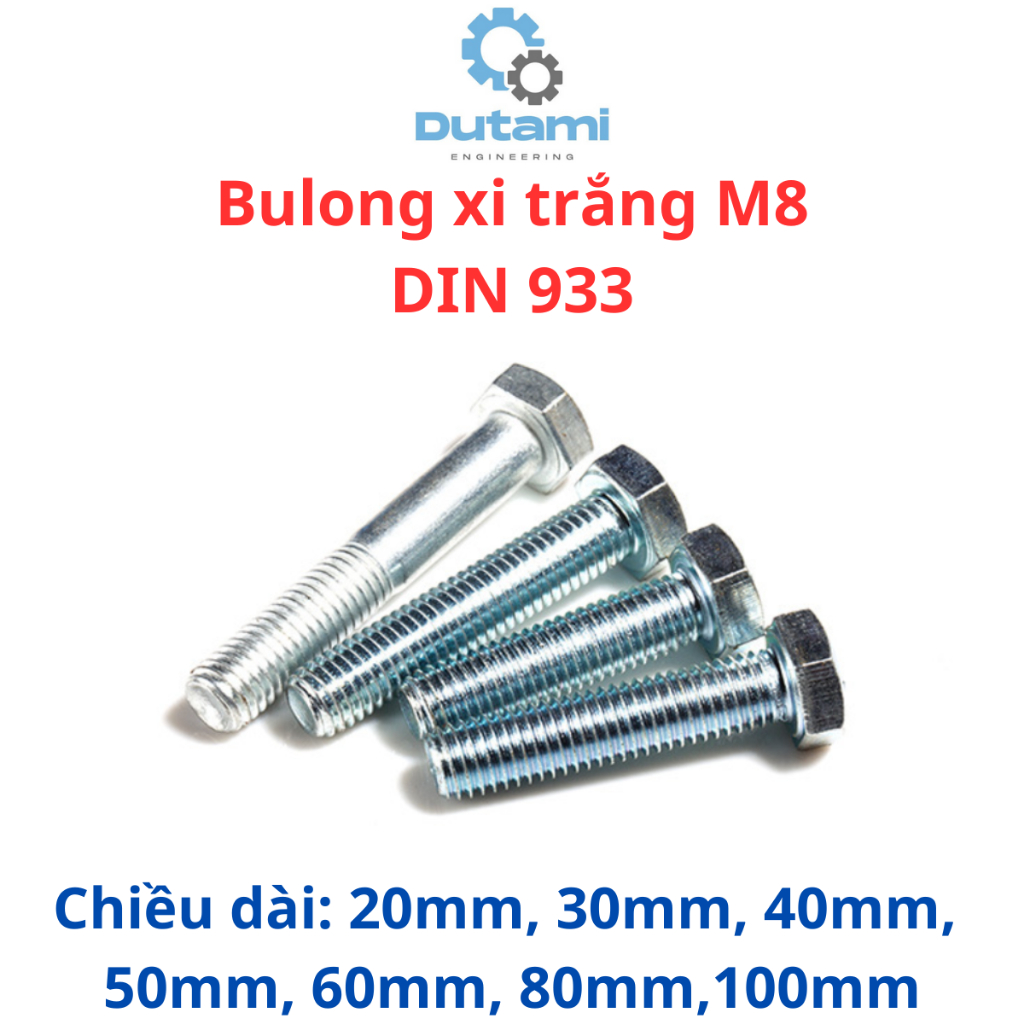 10 bộ bulong + tán. Bulong lục giác xi trắng 8 li (M8)