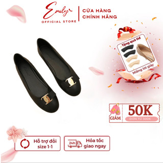 Giày bệt EMILY Giày Búp Bê Đế Bằng Mũi Tròn Da Lì Phối Nơ Dáng Basic Thanh Lịch Da Mềm Đế Cao Su Êm Chân - ECT5M