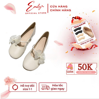 Giày Nữ EMILY Giày Búp Bê Đế Vuông 3p Mũi Tròn Da Lì Phối Nơ Dáng Basic Thanh Lịch Da Mềm Đế Cao Su Êm Chân - EB49M