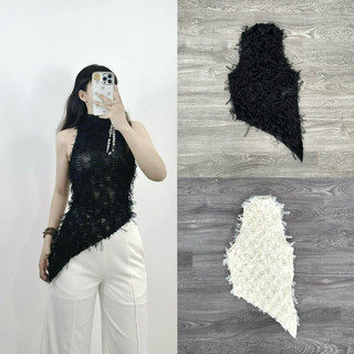 HIPU.VNXK - Áo Hobbs vải tua rua cổ tròn ôm sách nách phối lai xéo độc đáo.